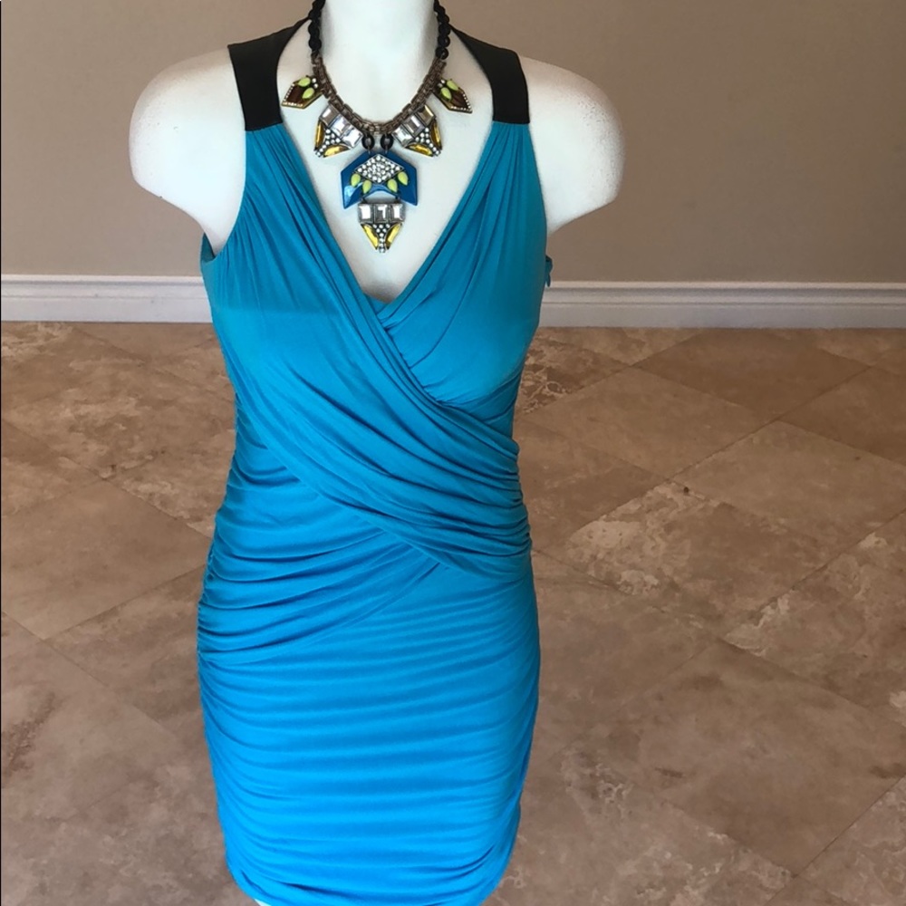 Cynthia Steffe Aqua blue/ black faux leather dress